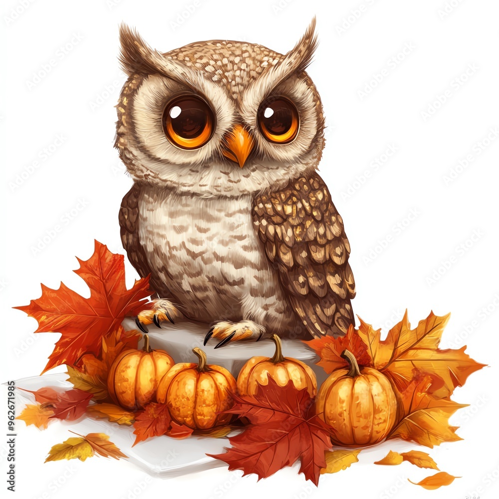 Naklejka premium An owl decorating a Thanksgiving table with fall leaves clipart, playful and cute, warm autumn hues, digital painting, isolated on white background