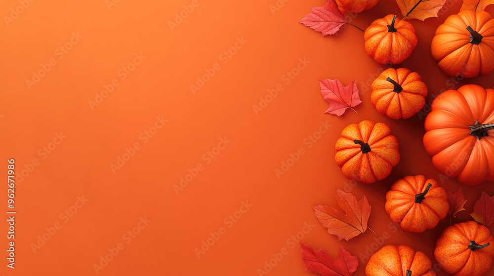 3D Render of Autumn Background with Pumpkins and Colorful Leaves, Left Side Layout, Seasonal Fall Design