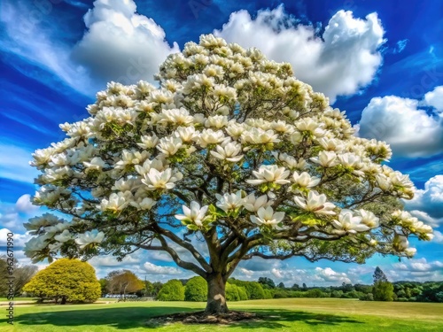 A majestic magnolia tree stands tall, its branches adorned with showy white flowers and glossy green leaves, set against a serene blue sky with puffy clouds.