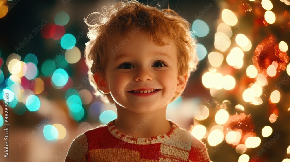 A joyful young boy smiles brightly while surrounded by colorful Christmas lights and a decorated tree, capturing the spirit of the holidays A joyful young boy smiles brightly while surrounded by colorful Christmas lights and a decorated tree, capturing the spirit of the holidays
