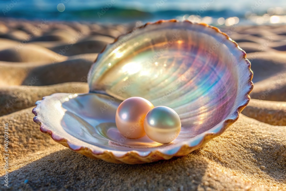 A delicate shell, half-opened on sandy shores, reveals a pearly white and shimmering interior, swirling patterns of gentle curves and soft, chalky details.