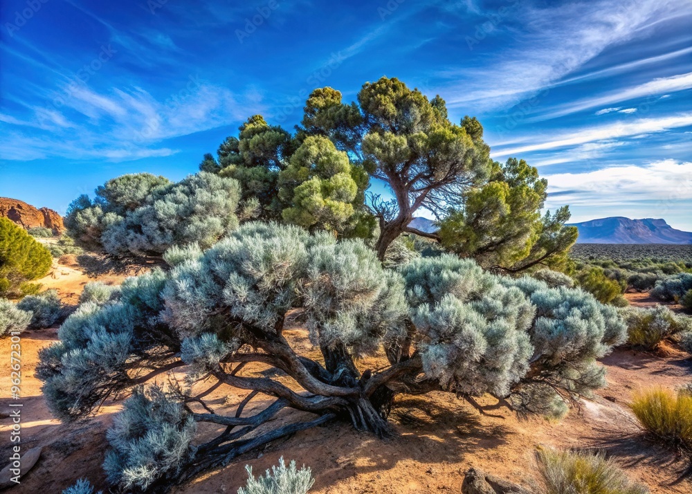A dense cluster of prickly juniper shrubs with silvery-blue foliage and twisted branches grows in a rugged, sun-drenched rocky outcropping in a desert landscape.