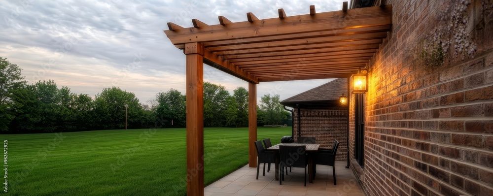 Traditional Wooden Trellis Pergola, backyard patio, soft lighting, outdoor dining, climbing wisteria, evening gathering, rustic charm Traditional Wooden Trellis Pergola, backyard patio, soft lighting, outdoor dining, climbing wisteria, evening gathering, rustic charm