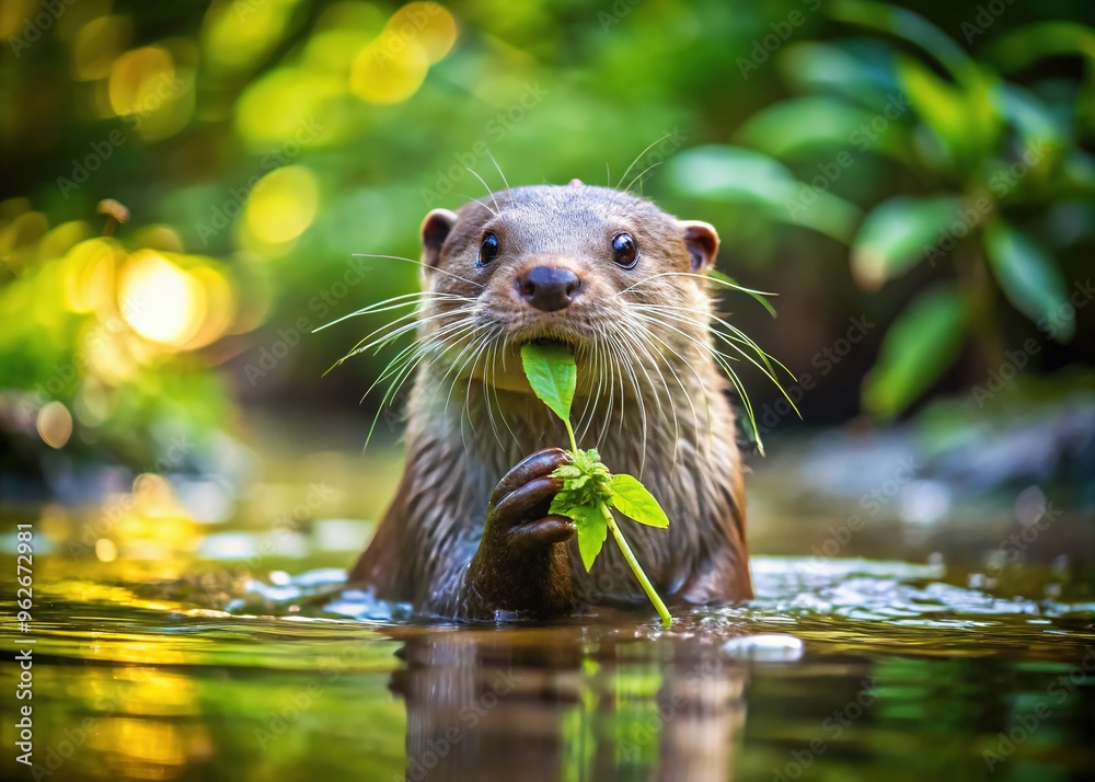 Adorable otter swims in serene forest stream, whiskers twitching, paw grasping aquatic plant, surrounded by lush greenery and dappled sunlight filtering through water's surface. Adorable otter swims in serene forest stream, whiskers twitching, paw grasping aquatic plant, surrounded by lush greenery and dappled sunlight filtering through water's surface.