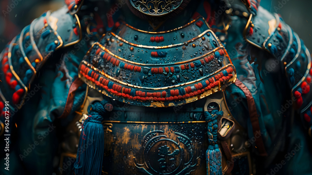 Fototapeta premium Close-up Illustration of a Samurai Armor in the Rain