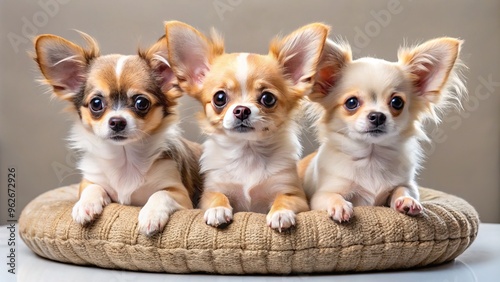 Adorable long-haired Chihuahua puppies with fluffy coats and big brown eyes sit together on a soft cushion, showcasing their tiny size and endearing expressions.