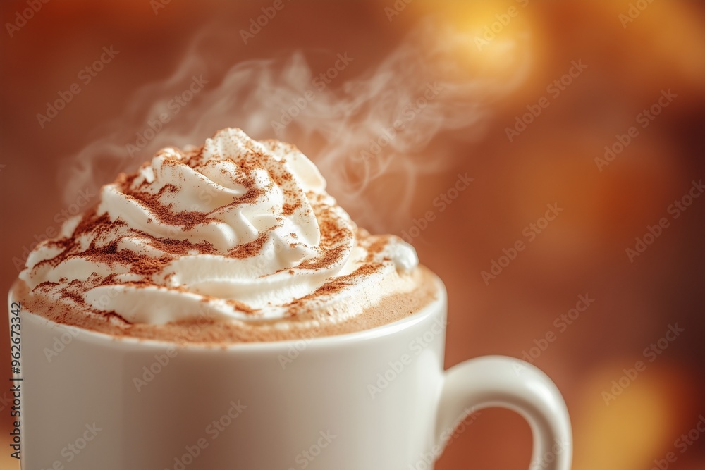 Cozy Autumn Pumpkin Spice Latte in White Ceramic Mug with Whipped Cream and Cinnamon, Perfect for Seasonal Fall Campaigns