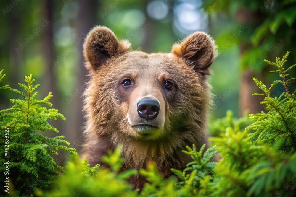 An Adorable Brown Bear With Fluffy Fur And Curious Eyes Peers Out From The Forest Undergrowth, Its Playful Expression Captivating The Viewer. An Adorable Brown Bear With Fluffy Fur And Curious Eyes Peers Out From The Forest Undergrowth, Its Playful Expression Captivating The Viewer.
