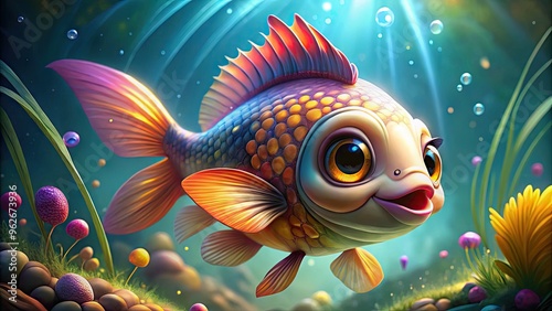 An Animated Female Fish With Vibrant Scales And An Expressive Face, Swimming Gracefully In Clear Waters.