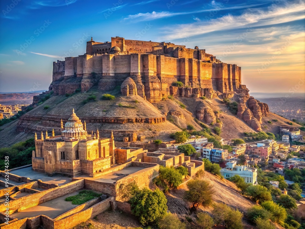 Fototapeta premium Ancient majestic Mehrangarh Fort stands proudly atop a rugged hill, its imposing walls and structures radiating grandeur, history, and mystique amidst a serene desert landscape.