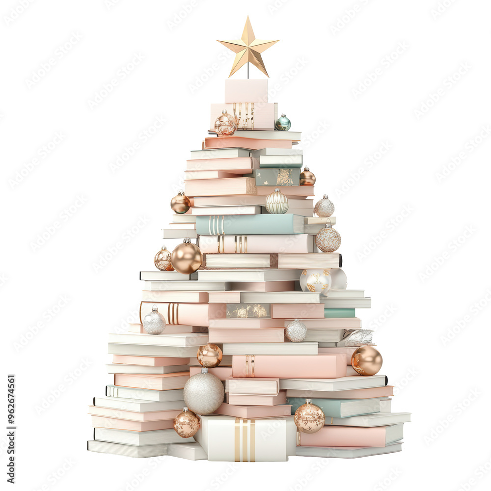 Christmas tree made from stacked books with gold ornaments and a star on top, isolated on white. Unique holiday decor concept for book lovers.
Christmas tree made from stacked books with gold ornaments and a star on top, isolated on white. Unique holiday decor concept for book lovers.