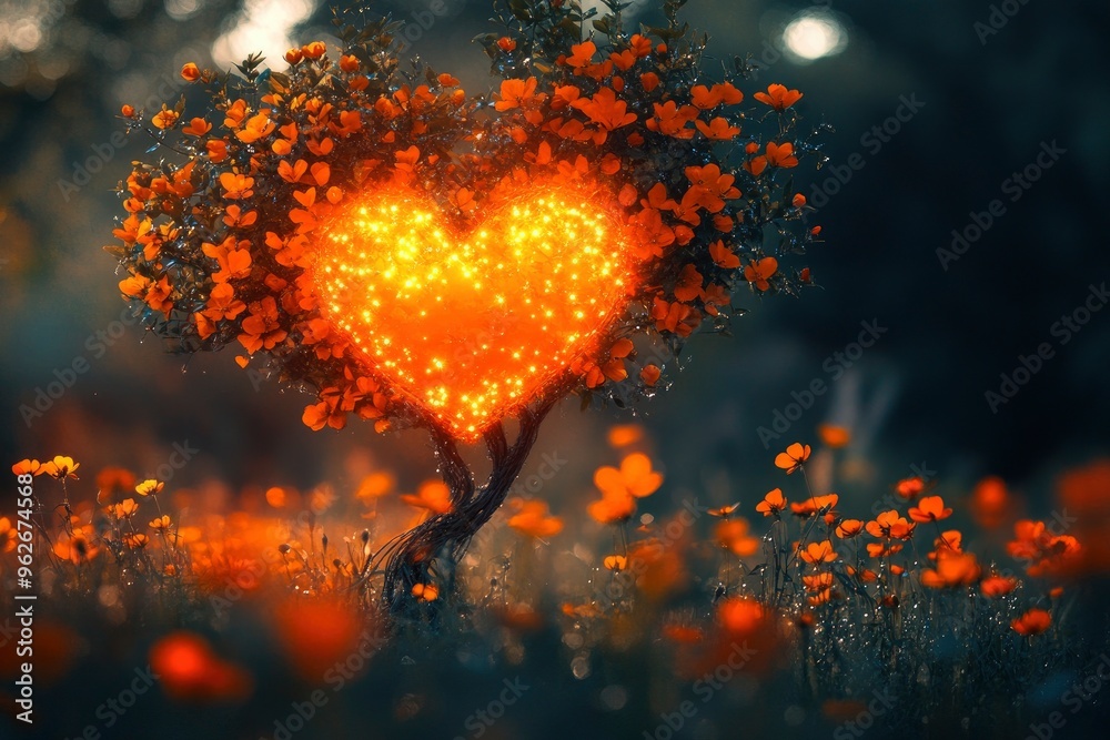 Enchanting heart-shaped fantasy tree glowing amidst orange wildflowers covered in morning dew, set against a dreamy bokeh background hinting at a magical realm with generative ai Enchanting heart-shaped fantasy tree glowing amidst orange wildflowers covered in morning dew, set against a dreamy bokeh background hinting at a magical realm with generative ai