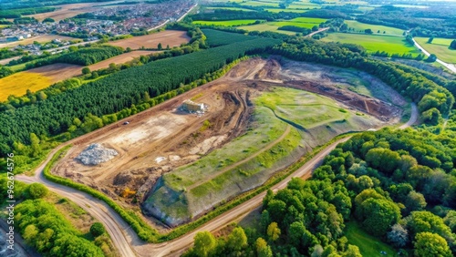 Above view of recultivated landfill with green vegetation and trees, recultivated, landfill photo