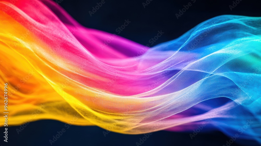 Fototapeta premium Bright, swirling waves of neon colors dance gracefully against a solid black backdrop, creating a striking visual contrast