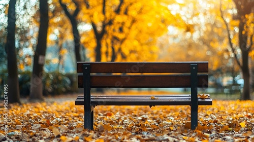 Wooden bench nestled amidst vibrant autumn foliage in a serene park