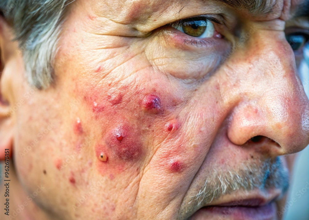 Close-up of a facial skin lesion showing circular patches of redness, inflammation, and flaking, characteristic of ringworm fungal infection, with blurred background.