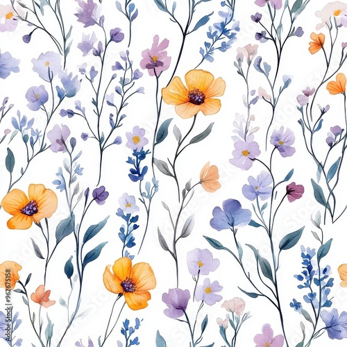 Cute feminine watercolor seamless pattern with wildflowers hand drawn