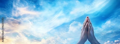A wide banner with two hands clasped in prayer set against an ethereal blue sky background with clouds. The focus is on the peaceful and serene moment of praying to God. Generative AI
