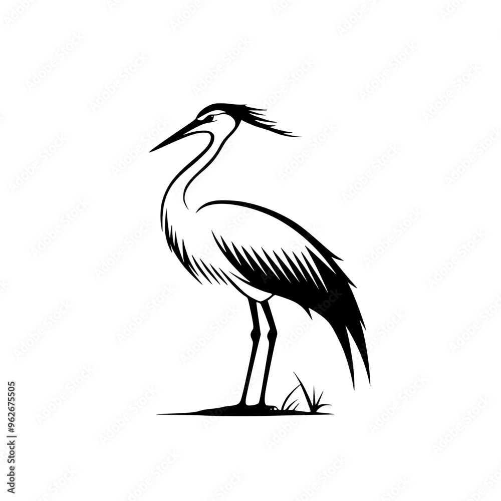 Fototapeta premium Elegant heron silhouette in black and white, Minimalist black and white heron silhouette illustration, showcasing its graceful stance and delicate feather details, ideal for logos or nature designs. 
