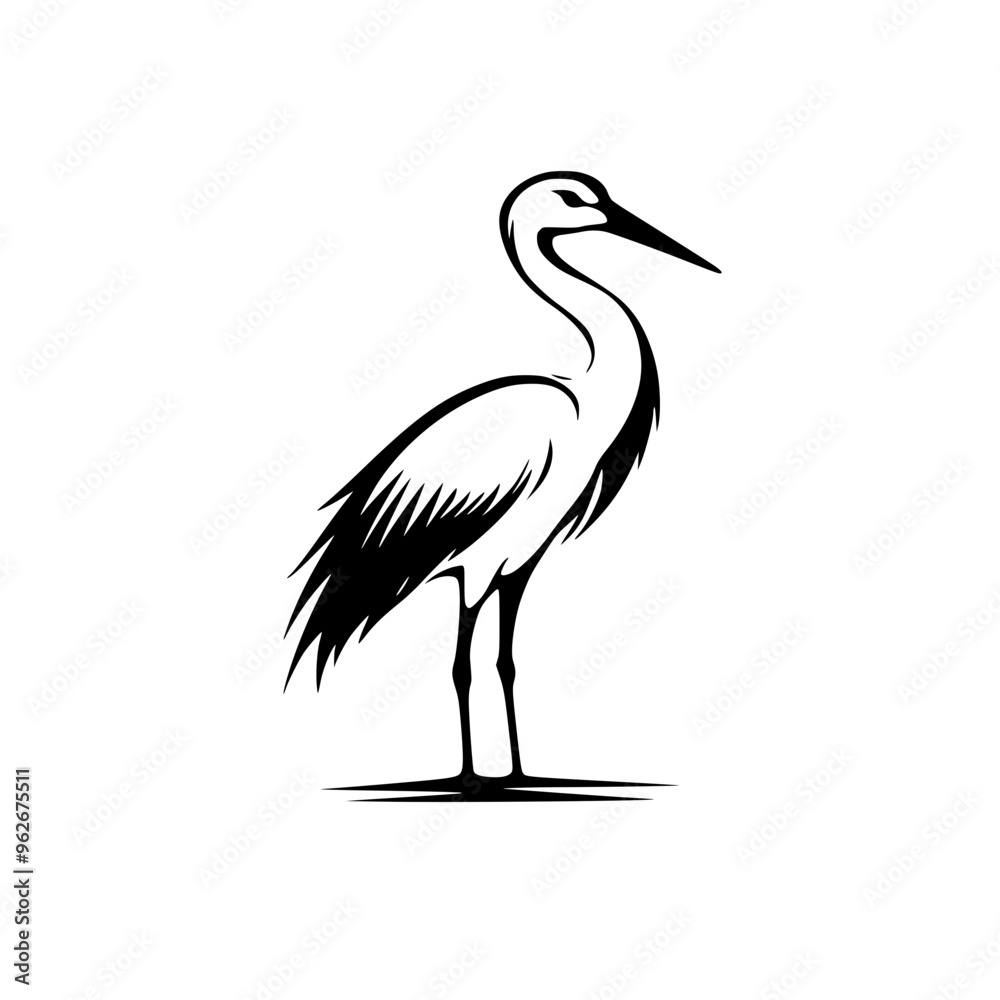 Obraz premium Elegant heron silhouette in black and white, Minimalist black and white heron silhouette illustration, showcasing its graceful stance and delicate feather details, ideal for logos or nature designs. 