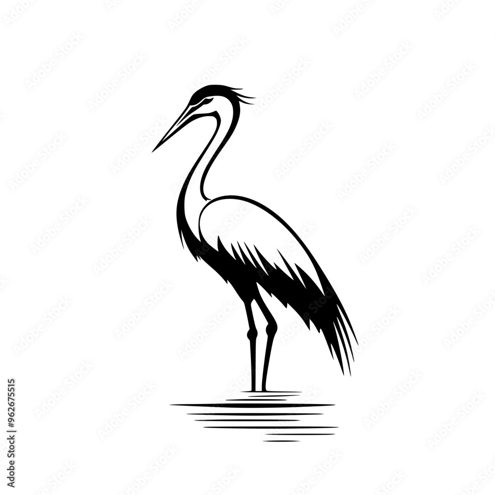 Obraz premium Elegant heron silhouette in black and white, Minimalist black and white heron silhouette illustration, showcasing its graceful stance and delicate feather details, ideal for logos or nature designs. 