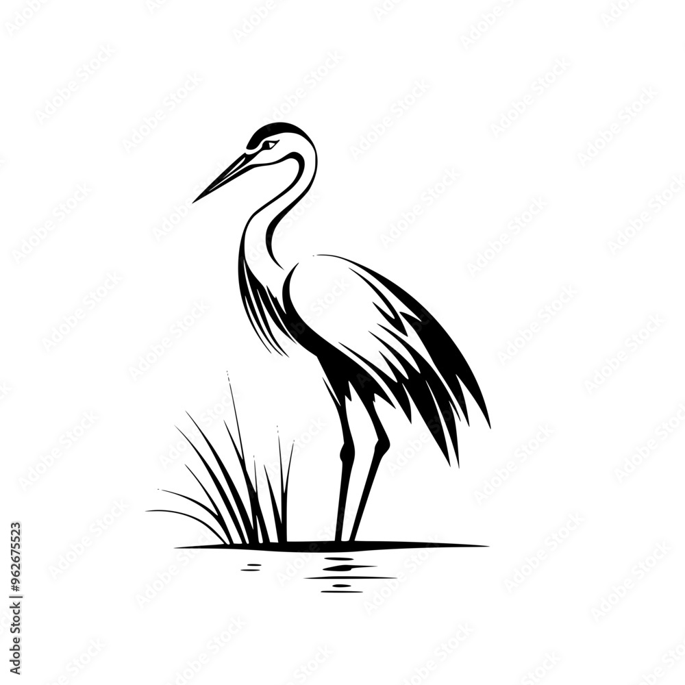 Fototapeta premium Elegant heron silhouette in black and white, Minimalist black and white heron silhouette illustration, showcasing its graceful stance and delicate feather details, ideal for logos or nature designs. 