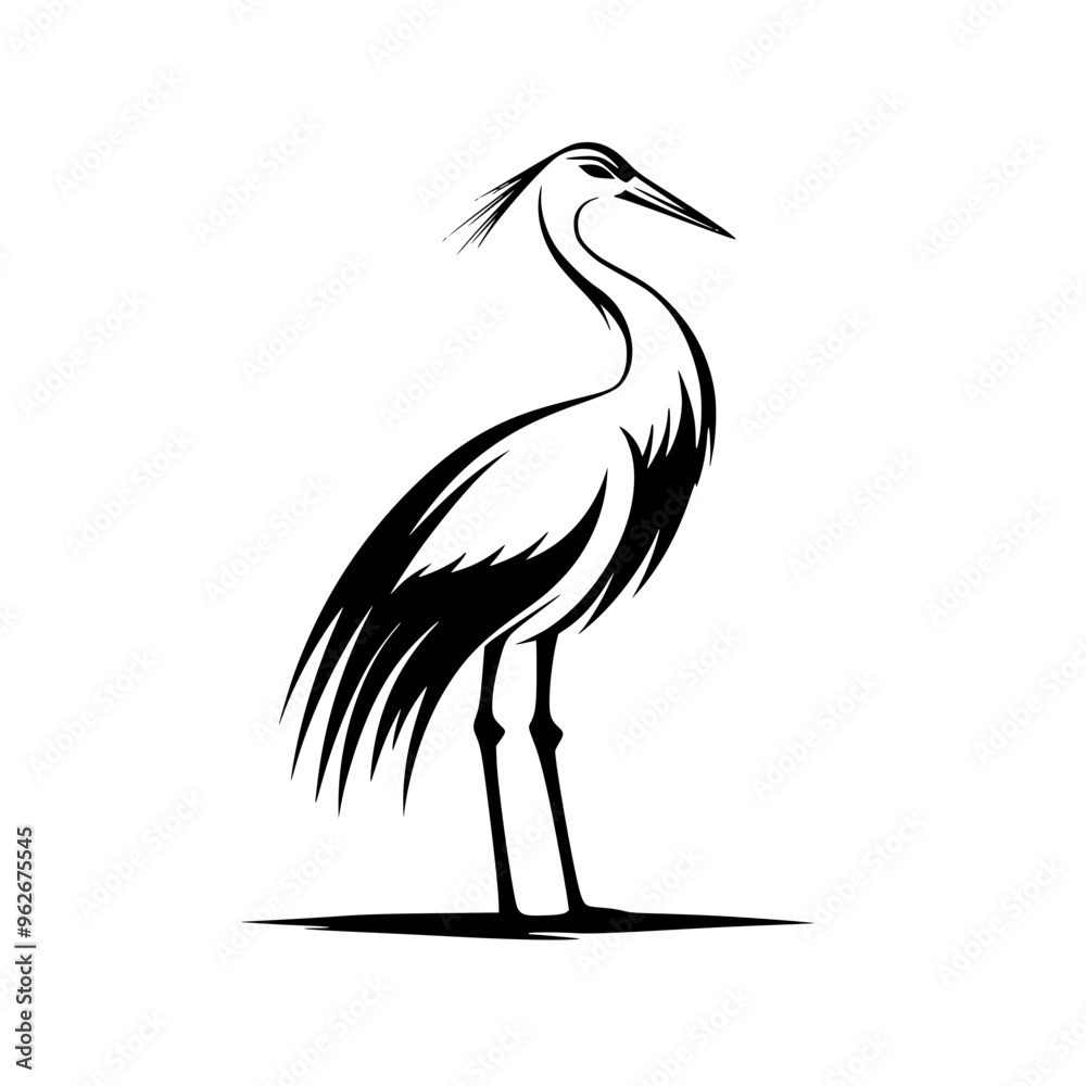 Obraz premium Elegant heron silhouette in black and white, Minimalist black and white heron silhouette illustration, showcasing its graceful stance and delicate feather details, ideal for logos or nature designs. 