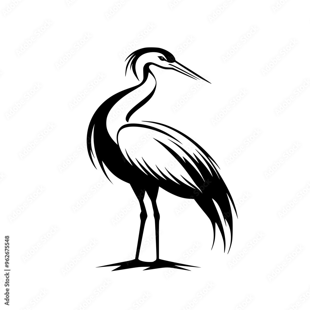 Elegant heron silhouette in black and white, Minimalist black and white heron silhouette illustration, showcasing its graceful stance and delicate feather details, ideal for logos or nature designs.
Elegant heron silhouette in black and white, Minimalist black and white heron silhouette illustration, showcasing its graceful stance and delicate feather details, ideal for logos or nature designs.