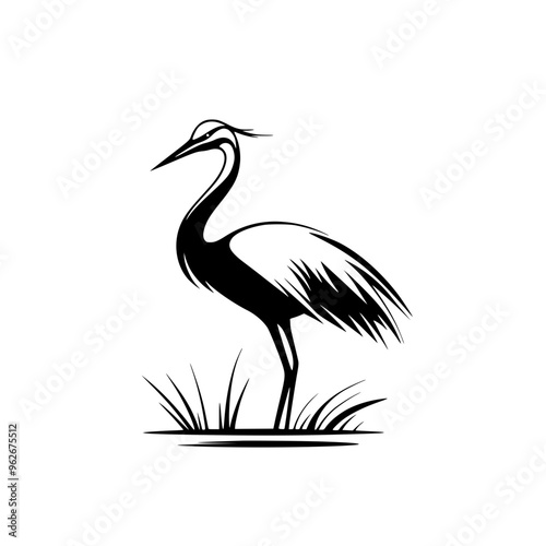 Elegant heron silhouette in black and white, Minimalist black and white heron silhouette illustration, showcasing its graceful stance and delicate feather details, ideal for logos or nature designs. 