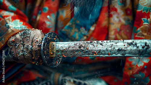 Close-Up Photo of a  Samurai Sword with a Red Floral Pattern photo