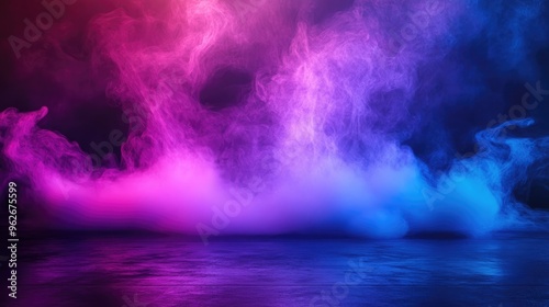 Abstract Blue and Purple Neon Light Background with Smoke on Floor, Dark Foggy Room for Product Presentation Mock-up