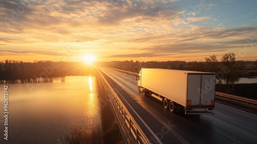 A truck drives along a bridge at sunset, reflecting on the water below.