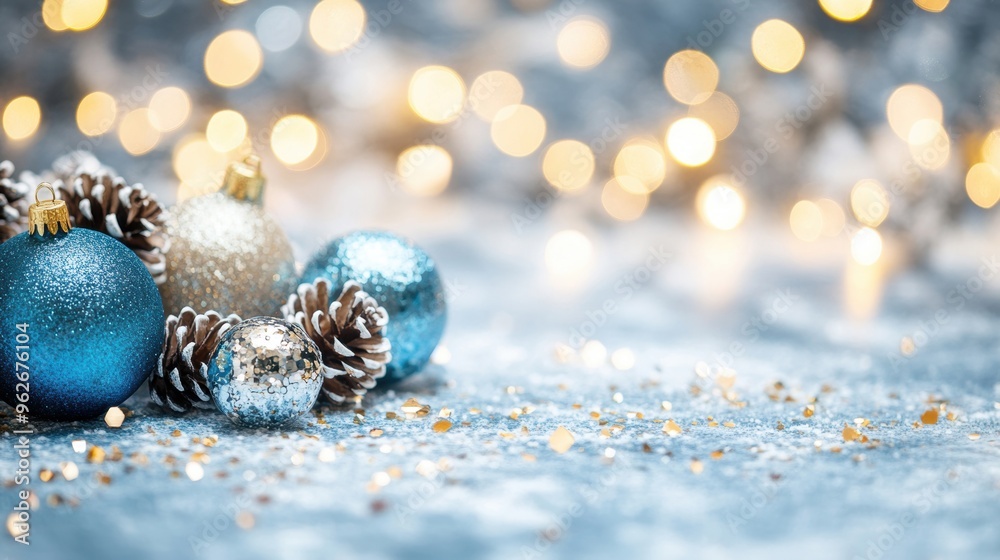 Bright blue Christmas baubles with sparkling finishes and rustic pinecones enhance a joyful winter holiday setting Bright blue Christmas baubles with sparkling finishes and rustic pinecones enhance a joyful winter holiday setting