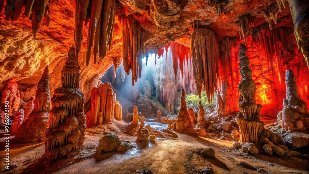 An Interior View Of A Vibrant Red-Rock Cave With Stalactites On The Ceiling And A Tunnel Leading To The Distance An Interior View Of A Vibrant Red-Rock Cave With Stalactites On The Ceiling And A Tunnel Leading To The Distance