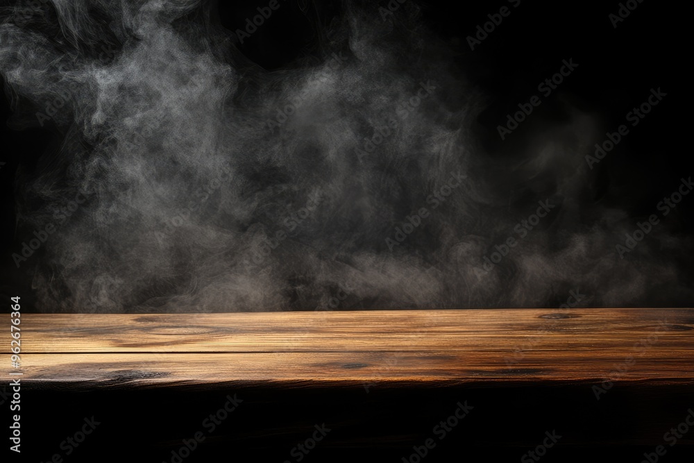 Wooden Table with Smoke and Blurred Lights on Dark Background Wooden Table with Smoke and Blurred Lights on Dark Background