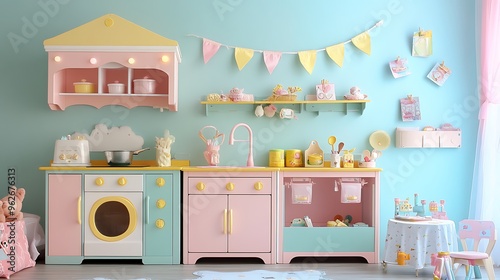 Cute kids' room with a play kitchen and pastel decor. photo