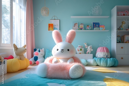 Cute kids' room with colorful plush toys, playful decor. photo