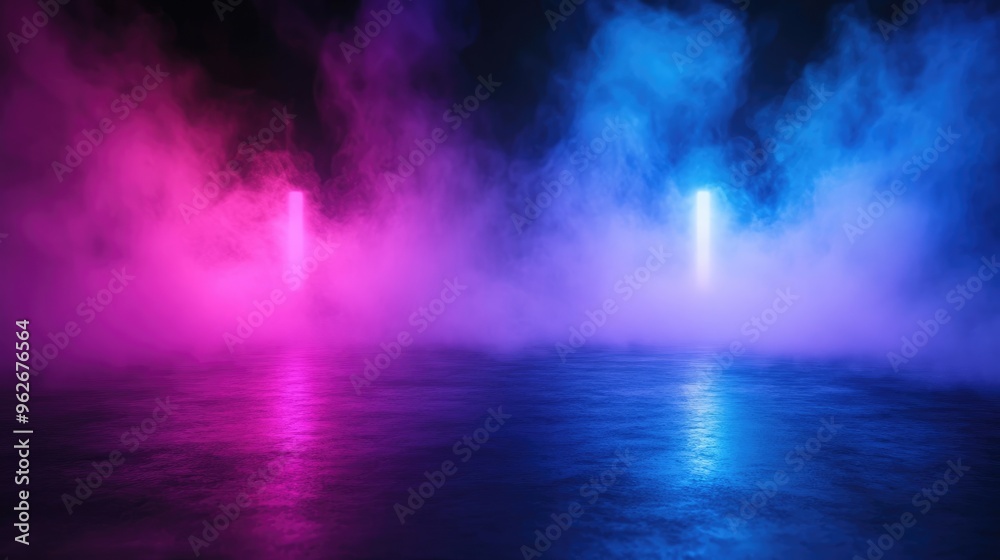 Abstract Background with Neon Blue and Purple Smoke, Glowing Light on Floor, Studio Room, Empty Space for Product Presentation Abstract Background with Neon Blue and Purple Smoke, Glowing Light on Floor, Studio Room, Empty Space for Product Presentation
