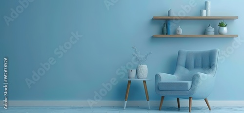 Minimalist living room interior with a blue armchair, wooden side table, and floating shelves. The walls are painted in a light blue color.