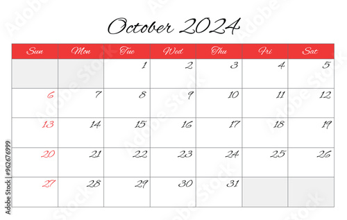 October 2024 ENGLISH month calendar. Vector printable illustration