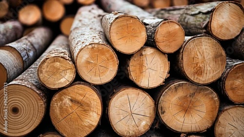 A pile of log trunks stacked neatly in a logging timber yard	 photo