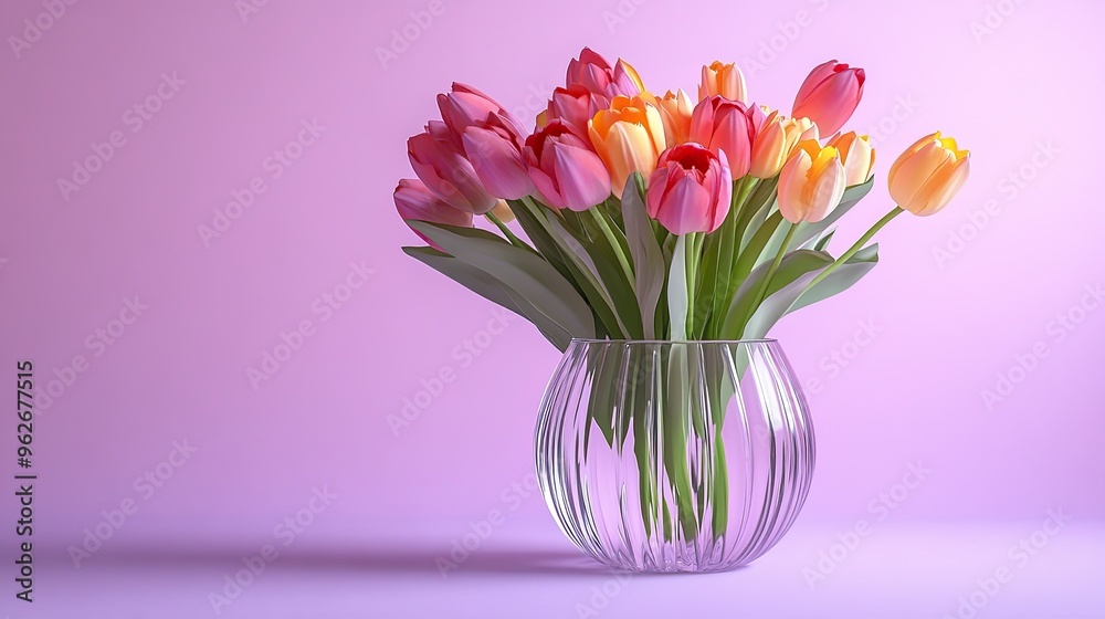 A vibrant bouquet of tulips in a clear vase against a soft purple background. A vibrant bouquet of tulips in a clear vase against a soft purple background.