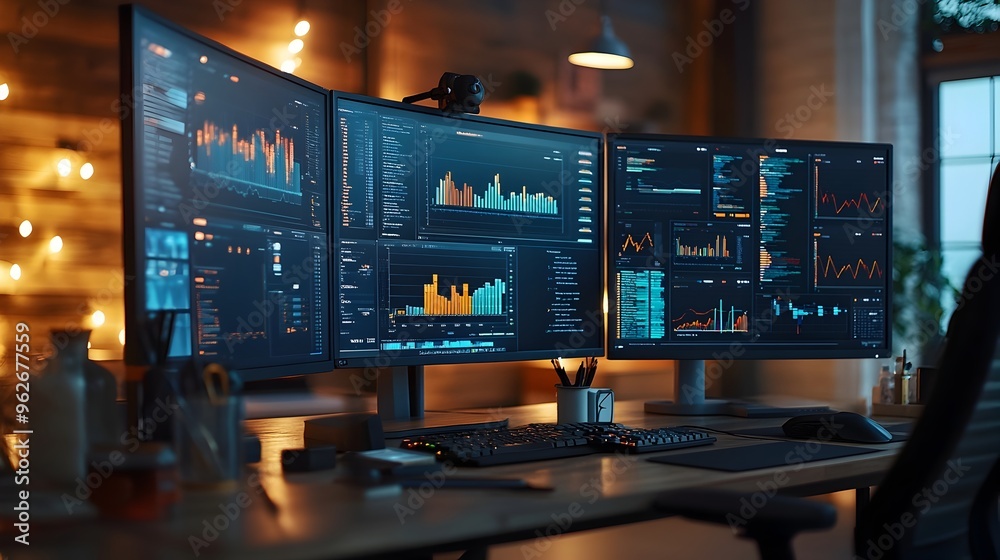 Creative Agency Workspace with Multi Screen Digital Marketing Campaign Analytics Creative Agency Workspace with Multi Screen Digital Marketing Campaign Analytics