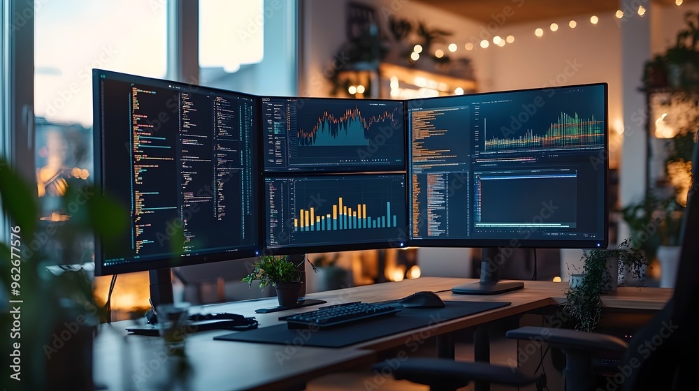 Creative Digital Marketing Agency Workspace with Multiple Monitors Showcasing Campaign Analytics