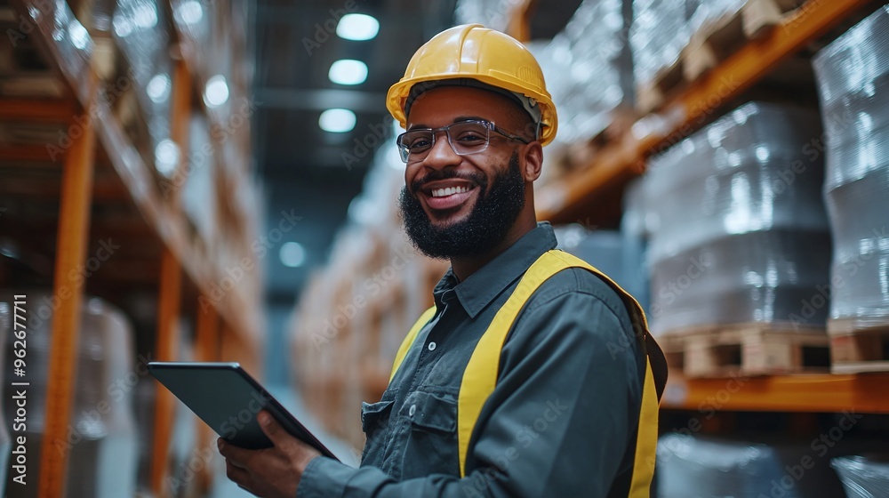 portrait of professional warehouse engineer and manager smiling confidently with tablet at distributor factory site inspector in uniform showing happiness and leadership at work portrait of professional warehouse engineer and manager smiling confidently with tablet at distributor factory site inspector in uniform showing happiness and leadership at work