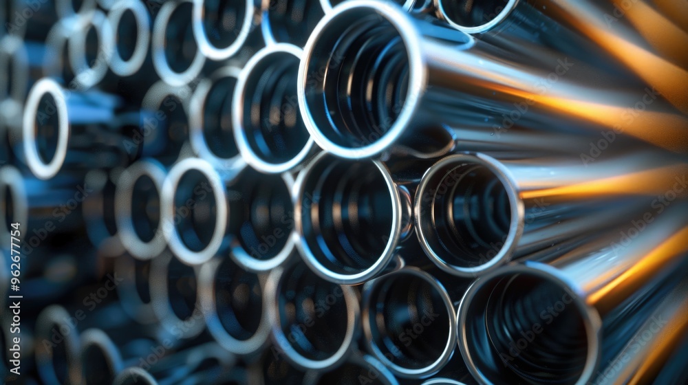 Industrial Steel Pipes with Reflective Surface in Warehouse Setting Industrial Steel Pipes with Reflective Surface in Warehouse Setting