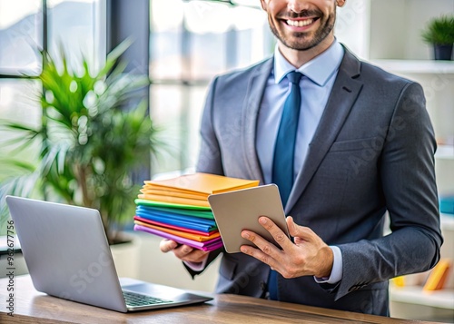 A professional entrepreneur holds a stack of colorful business cards with a laptop and planner in the background, embodying modern work-life balance and organization.