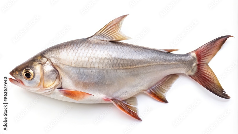 A Raw Pangasius Fish With Visible Scales, Fins, And Head, Captured From Above On A White Background. A Raw Pangasius Fish With Visible Scales, Fins, And Head, Captured From Above On A White Background.