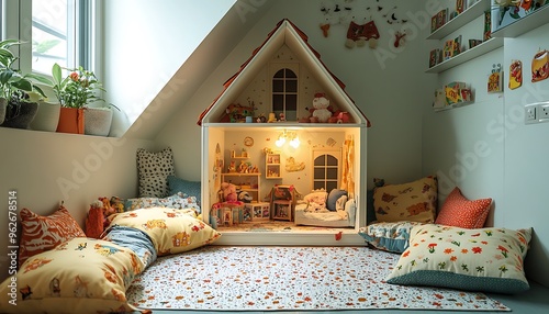 Playful kids' corner with a dollhouse and cushions. photo