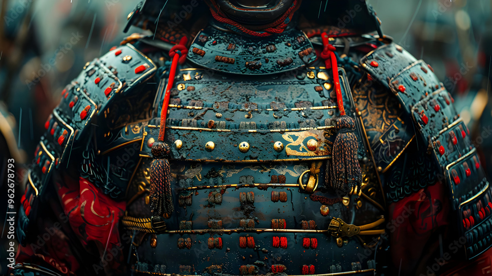 Naklejka premium Samurai Armor Close Up: Blue and Red with Gold Accents Illustration